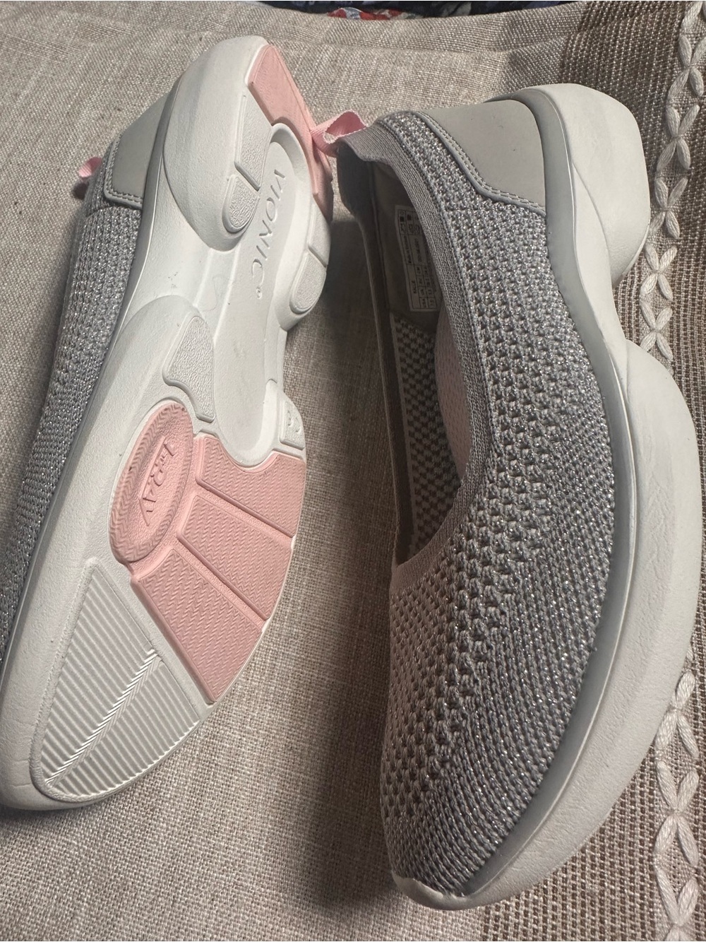 Vionic Light Gray Knit Slip-On Flats with Pink Sole Accents